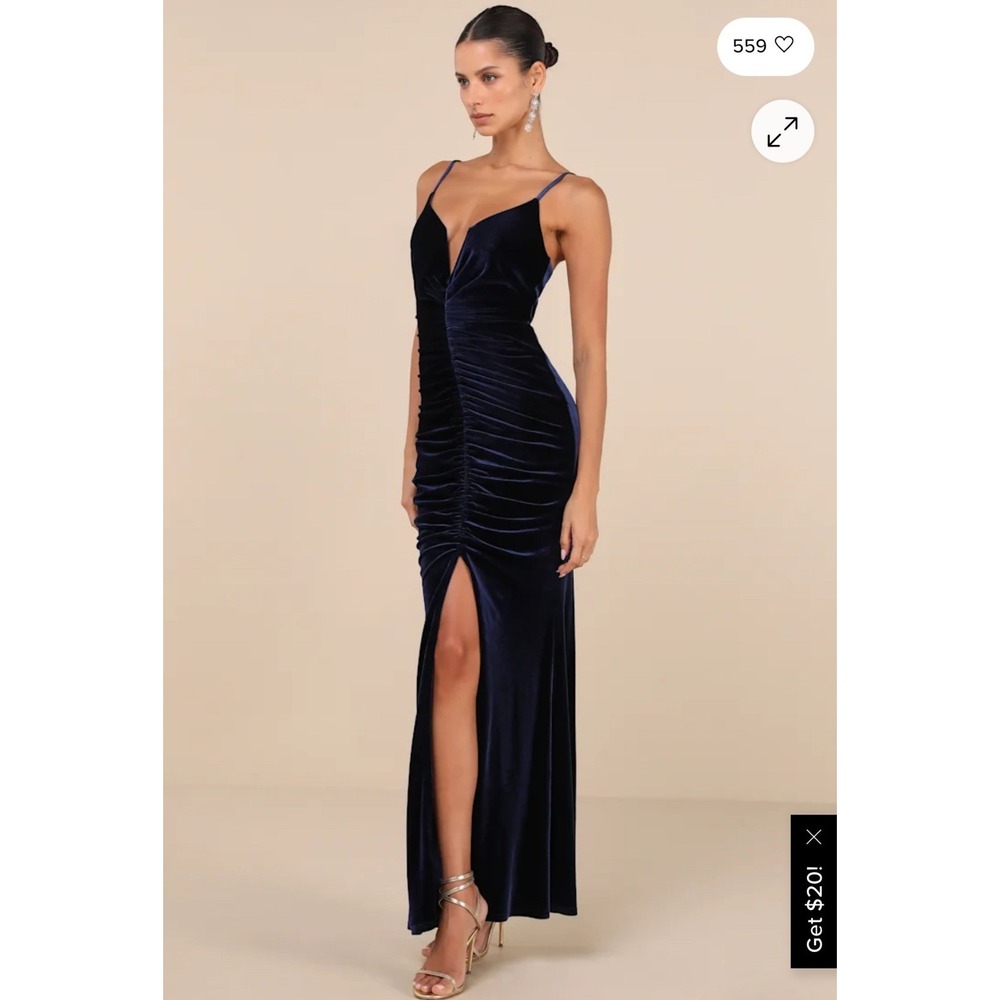 Lulus Stunning Invitation Navy Velvet Ruched‎ Sleeveless Maxi Dress Navy Blue M - Picture 11 of 11